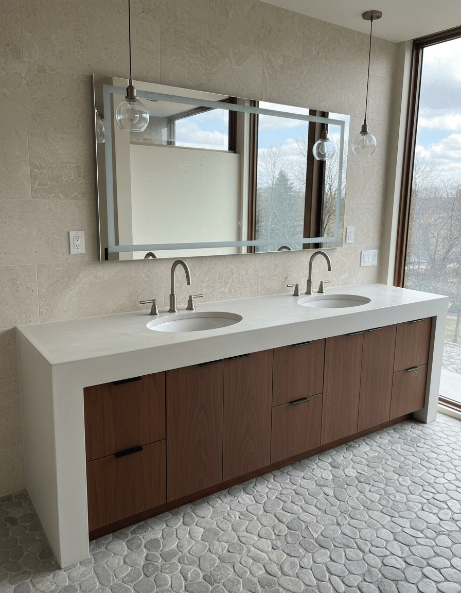 Tall living room feature wall with vertical concrete detailing.
